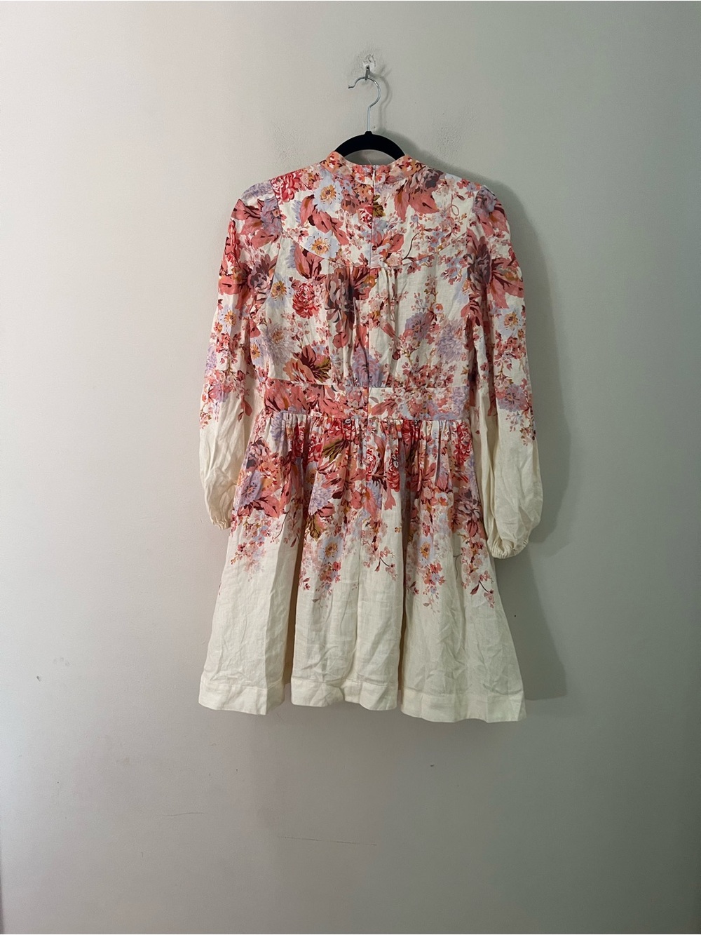 Zimmermann Pink and White Floral Puff-Sleeve Devi plunge Mini Dress - Picture 12 of 16